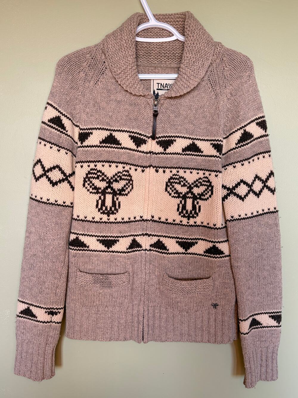 Y2K Fair Isle Gothic Fisherman’s Sweater TNA Aritzia Skull Lambswool Zip Cardiga